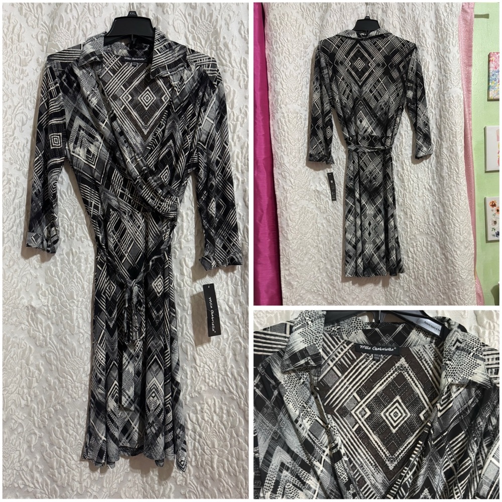 Mlle Gabrielle Black and White Geometric Long Sleeve Dress